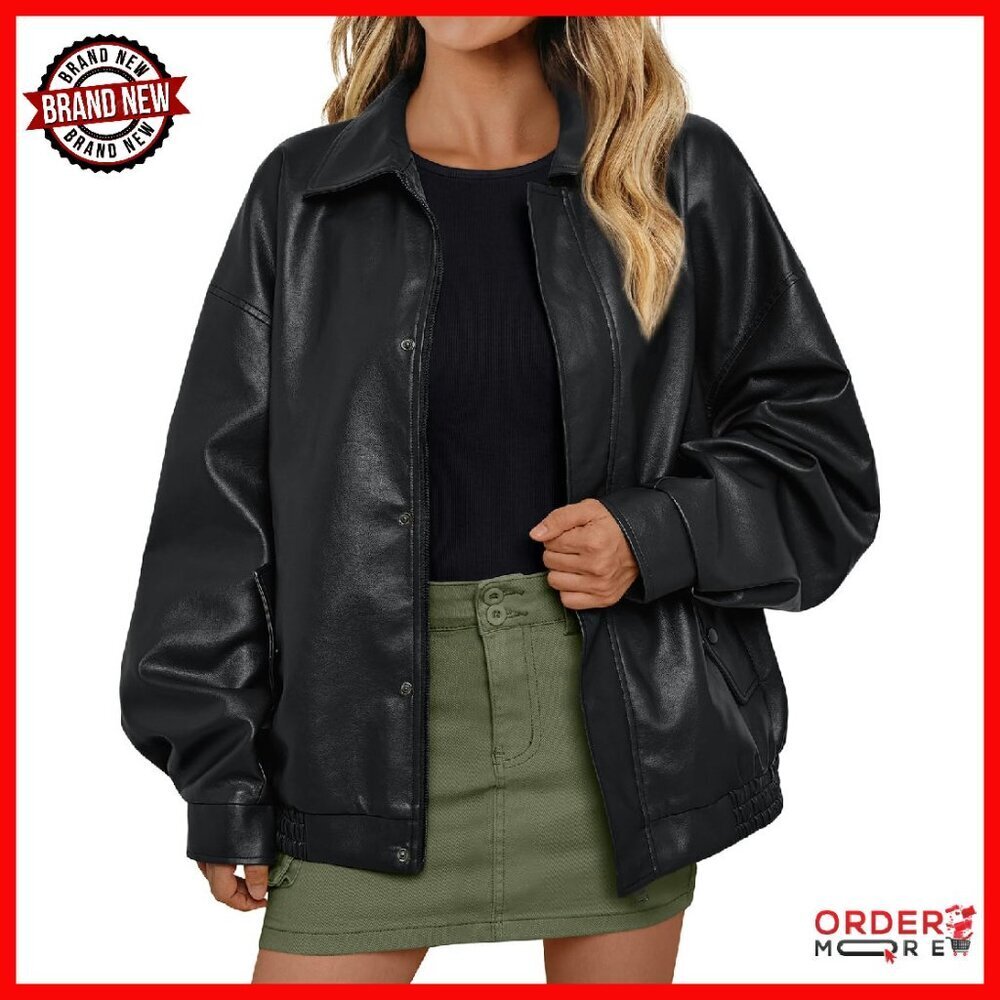 Oversized Faux Leather Motorcycle Jacket - Zip Up Blazer Style